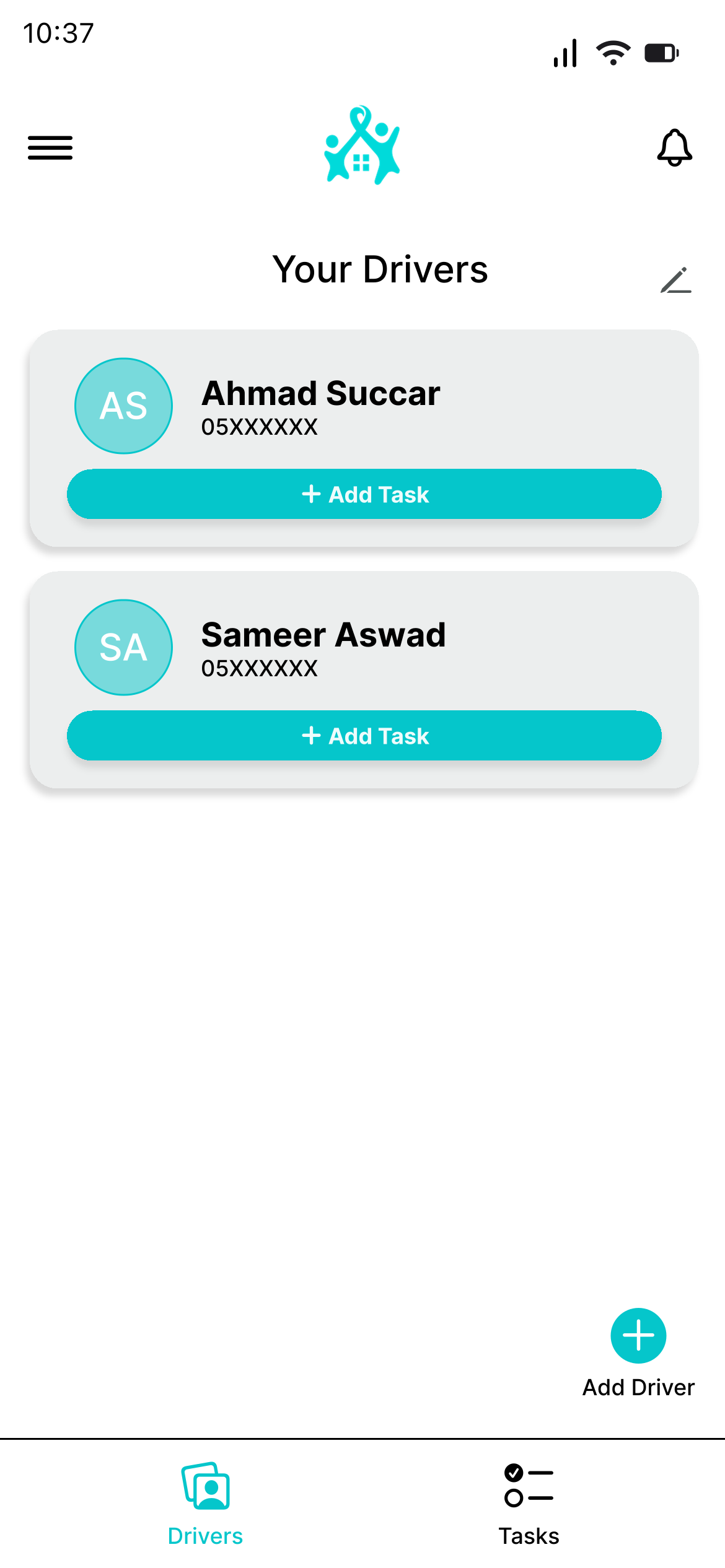 Homeowner's drivers list with Add Task