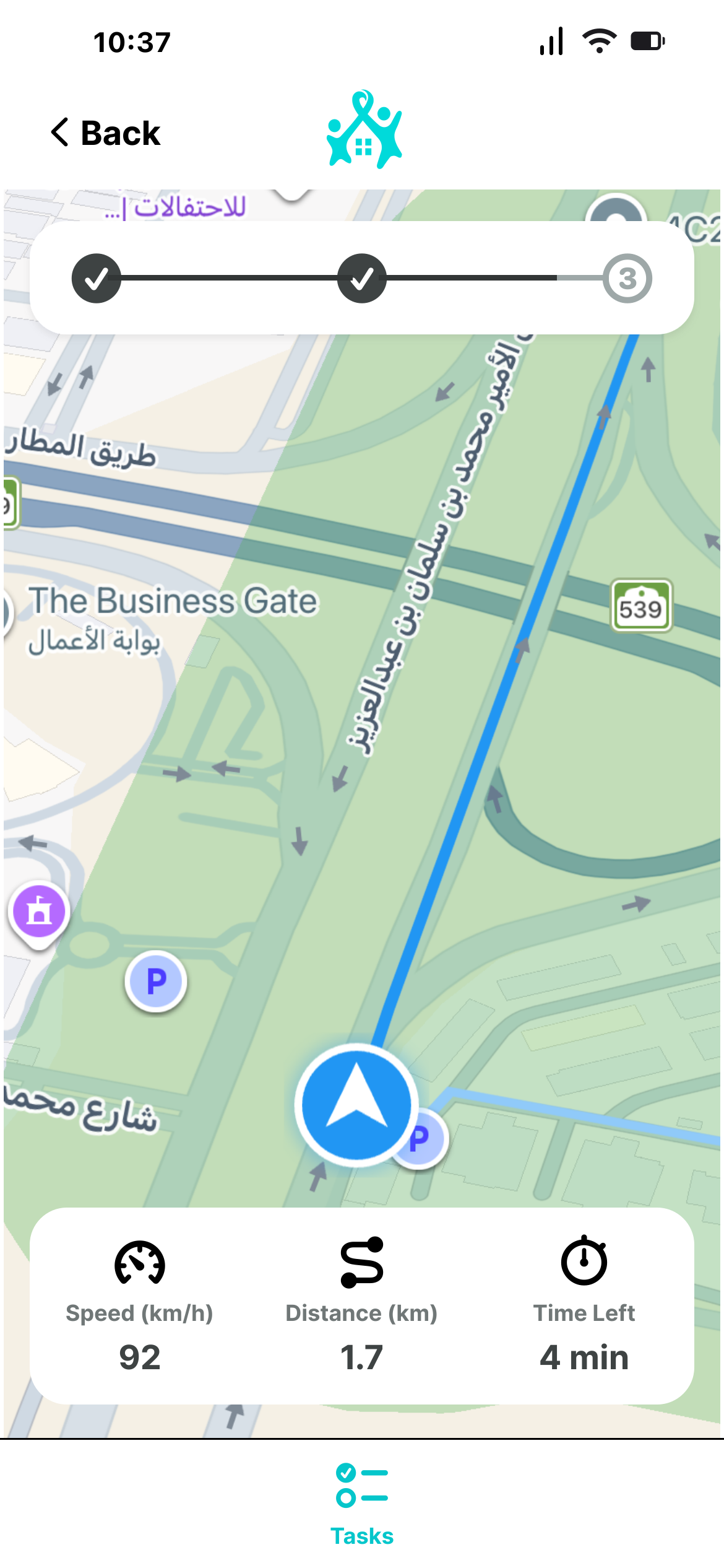 Live tracking map with speed, distance and time remaining