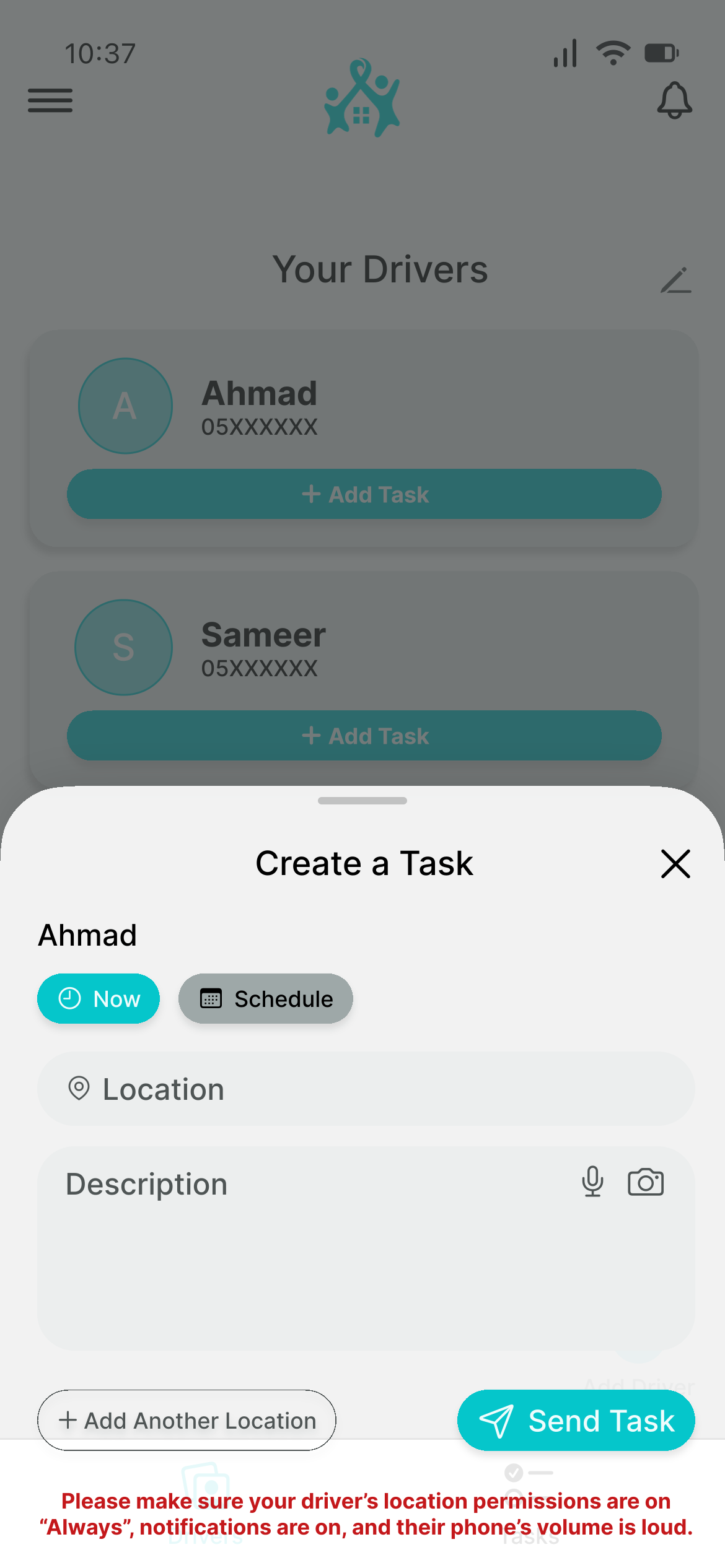 Empty Create a Task screen for a driver