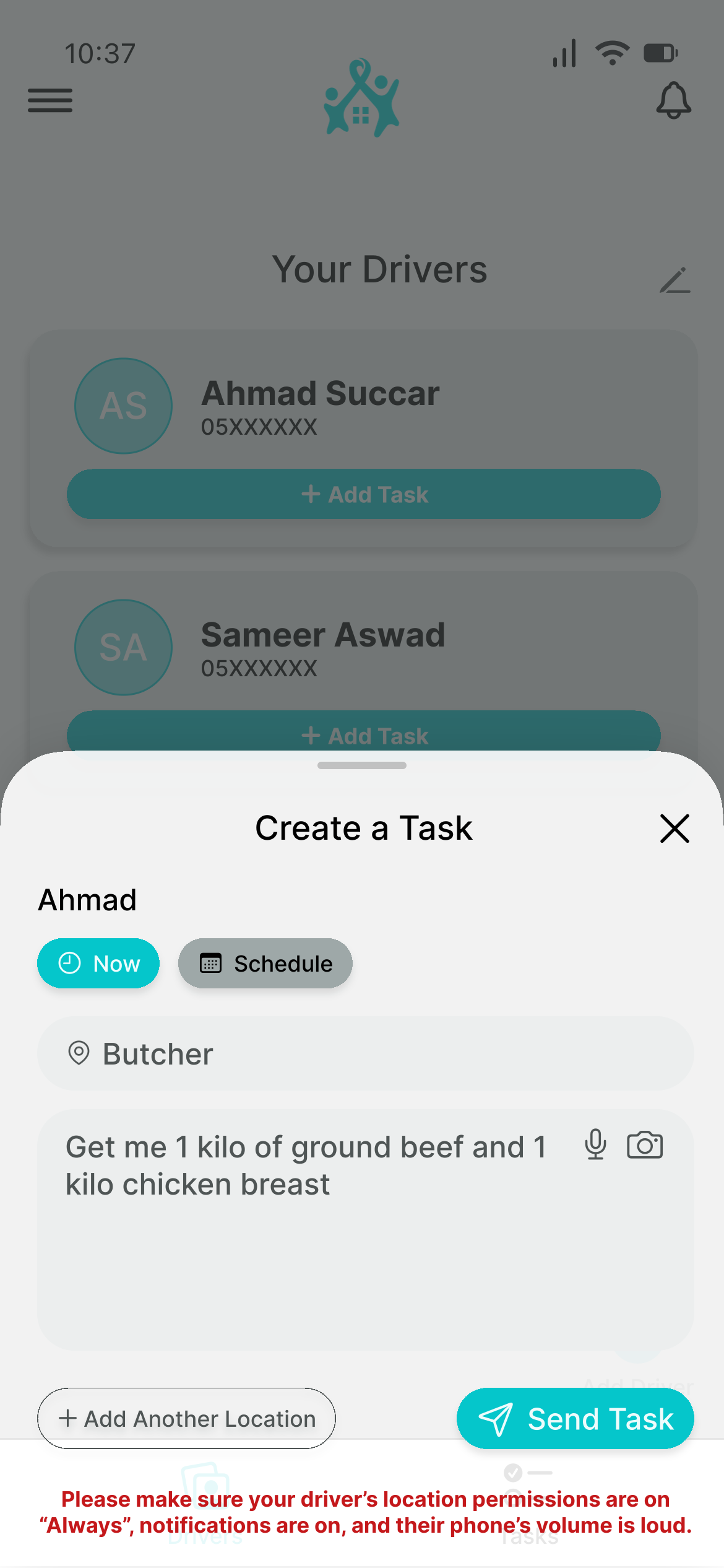 Completed Create a Task screen ready to send