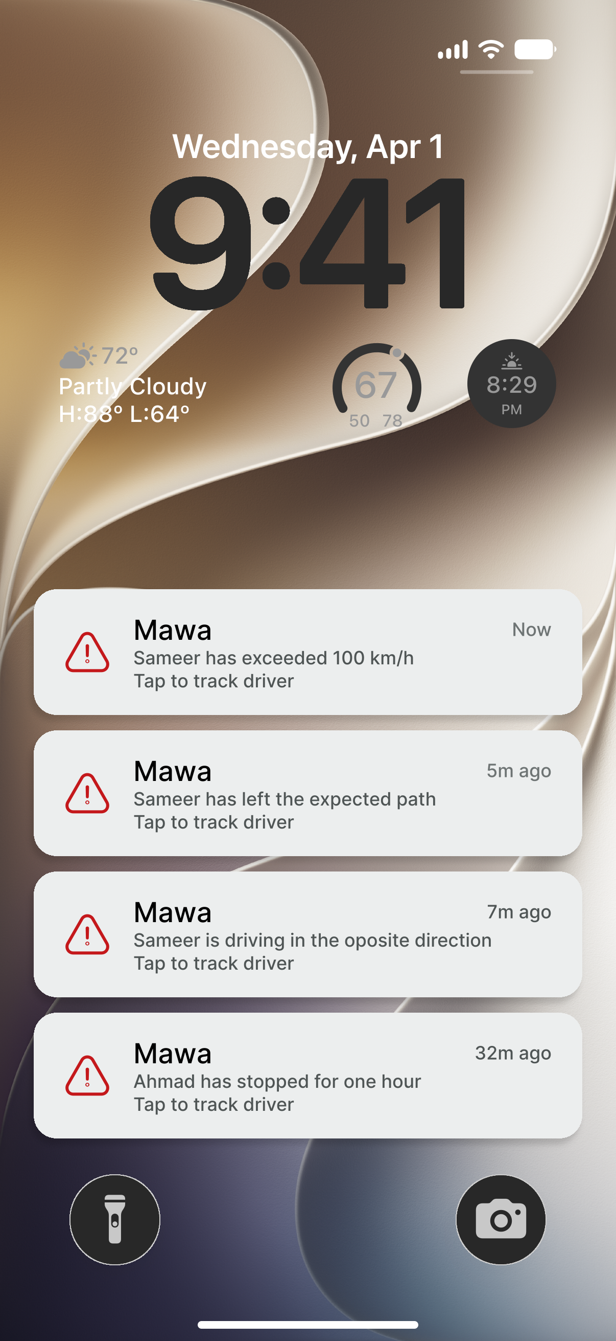Mawa driver alerts displayed together on the homeowner's lock screen
