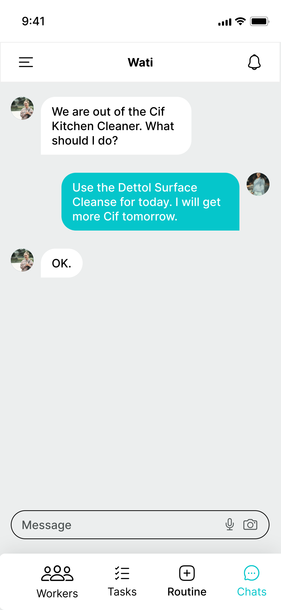 Household chat conversation shown in English