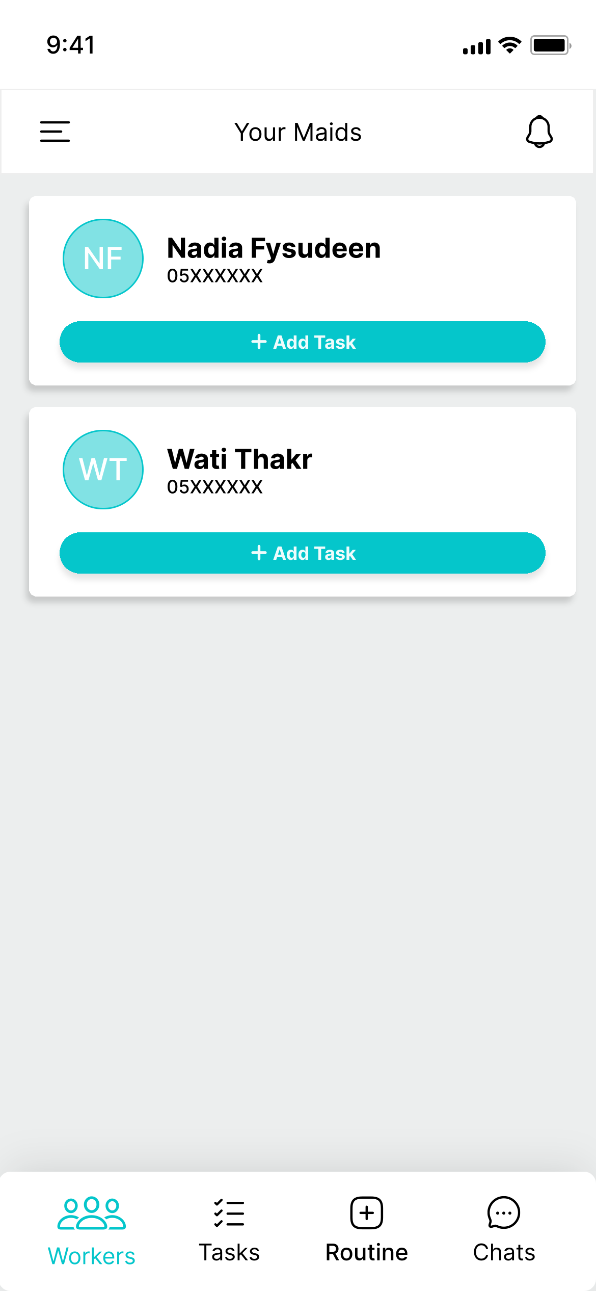 Homeowner's list of maids with Add Task buttons