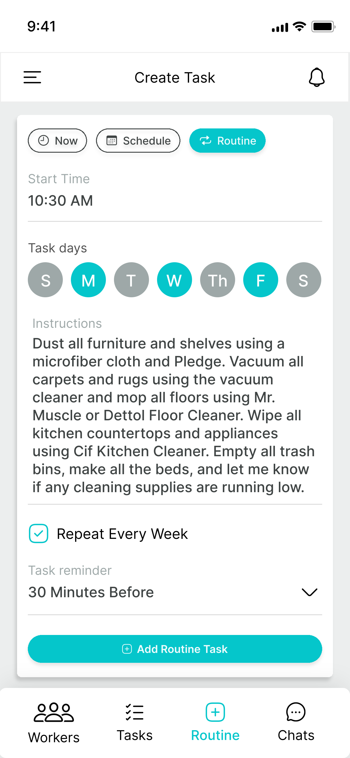 Homeowner creates a repeating weekly cleaning routine